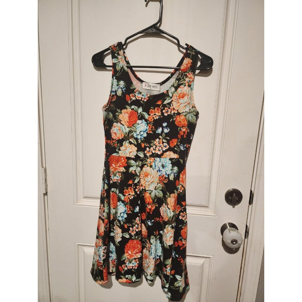 Tam Ware Black Dress Medium with Coral and Blue Floral Pattern Sleeveless